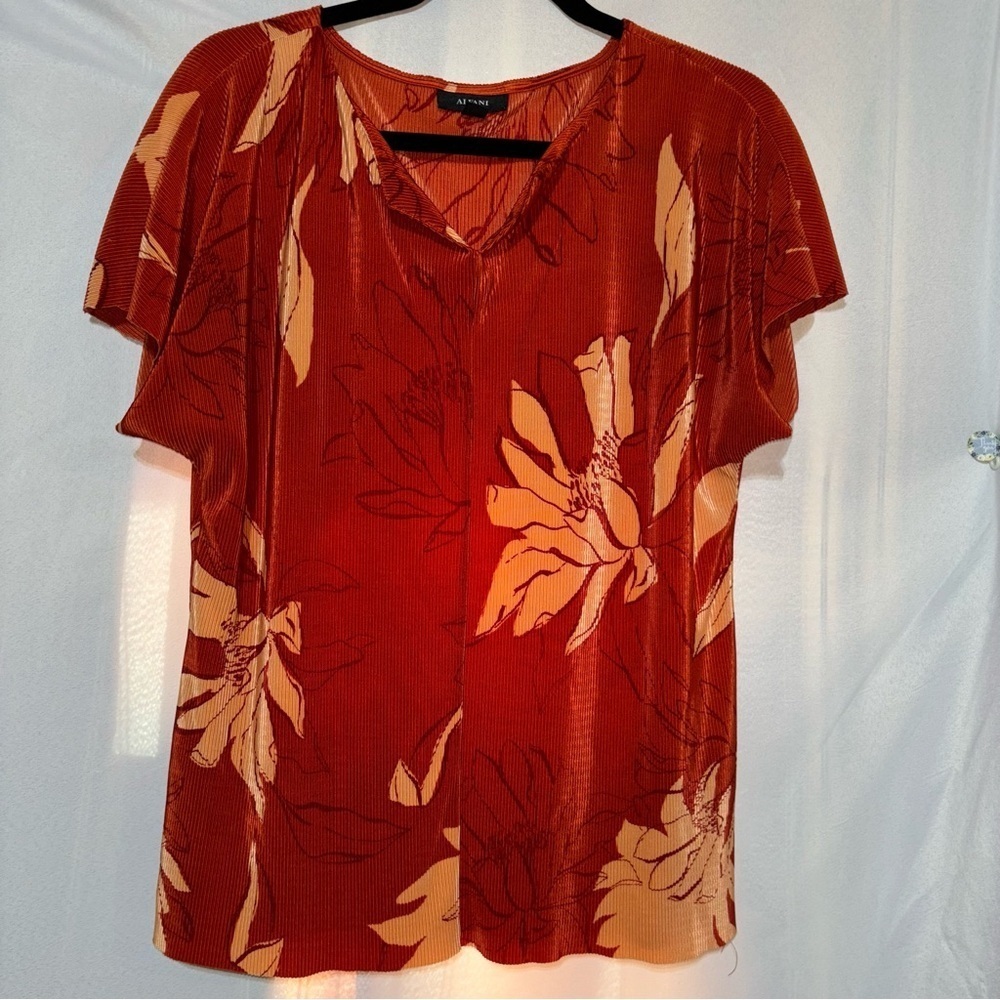Alfani Burnt Orange Large Floral Print Ribbed Top Size M